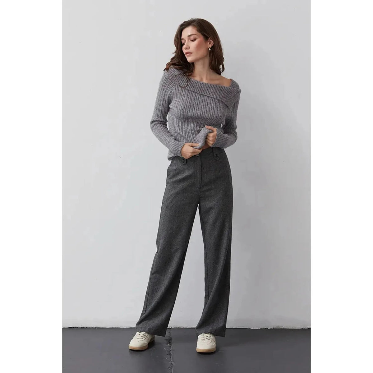 Dark grey wool-blend womens business pants; womens clothing.