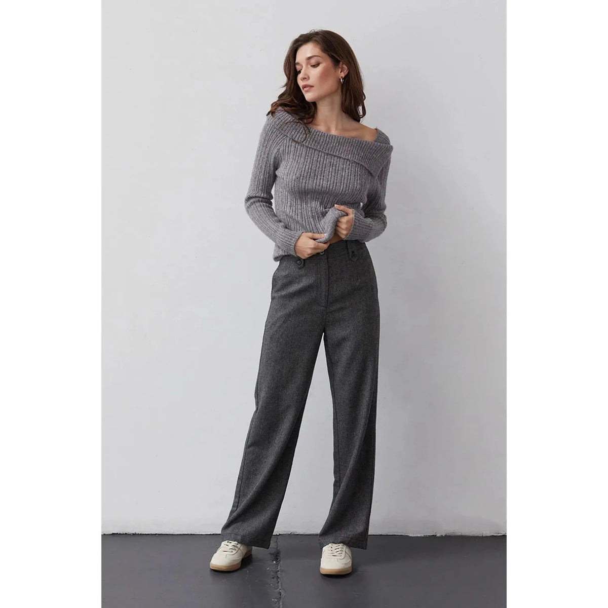 Dark grey wool-blend womens business pants; womens clothing.