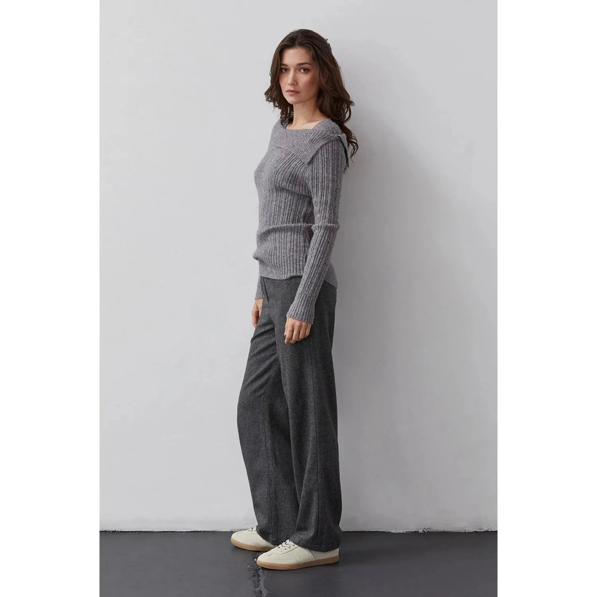 Dark grey wool-blend womens business pants; womens clothing.