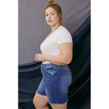 High rise button-down blue jean skinny shorts; womens clothing.