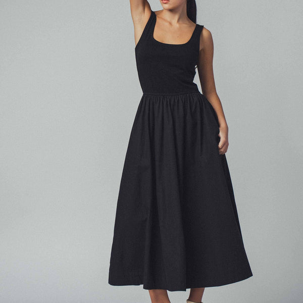 Elegant Square Neck Cotton Blend Gathered Waist Midi Dress