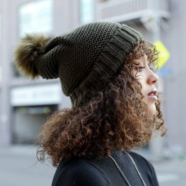 Sherpa Lined Pom Beanie Hat - womens accessories 