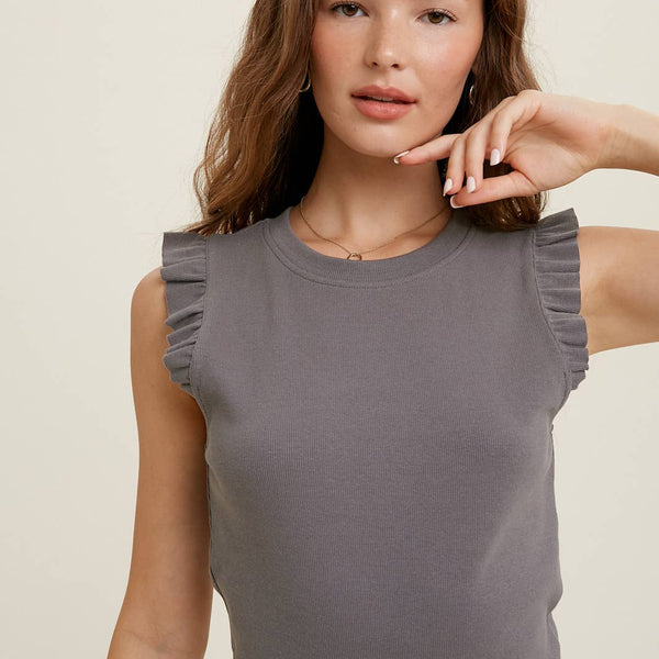 Ribbed Knit Tank with Ruffle Sleeve