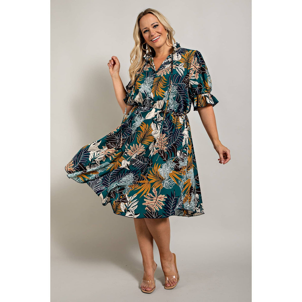 Fit N Flaire Self Tie Ruffle Neck Plus Size Dress