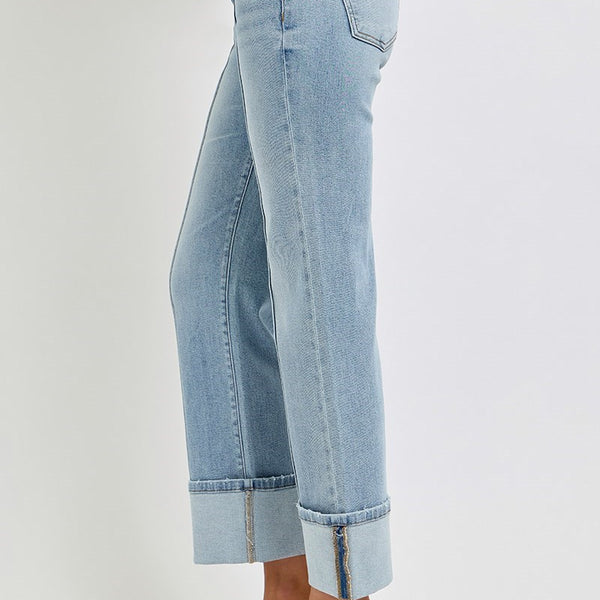 Risen High Rise Ankle Straight Wide Cuffed Jeans