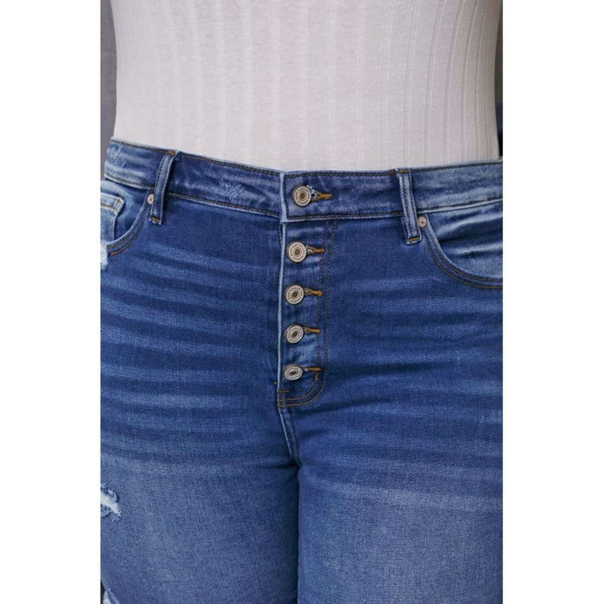 High rise button-down blue jean skinny shorts; womens clothing.