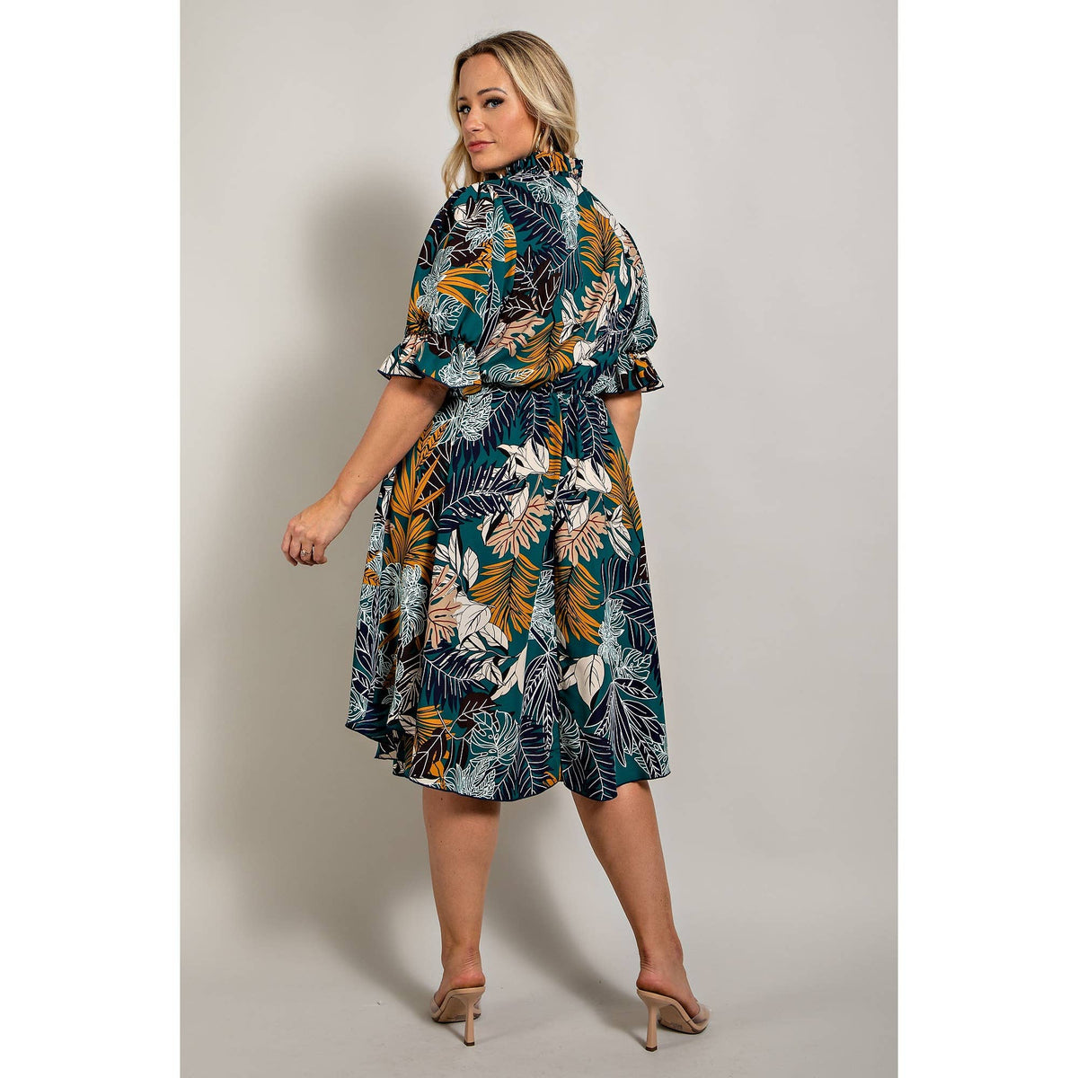 Fit N Flaire Self Tie Ruffle Neck Plus Size Dress