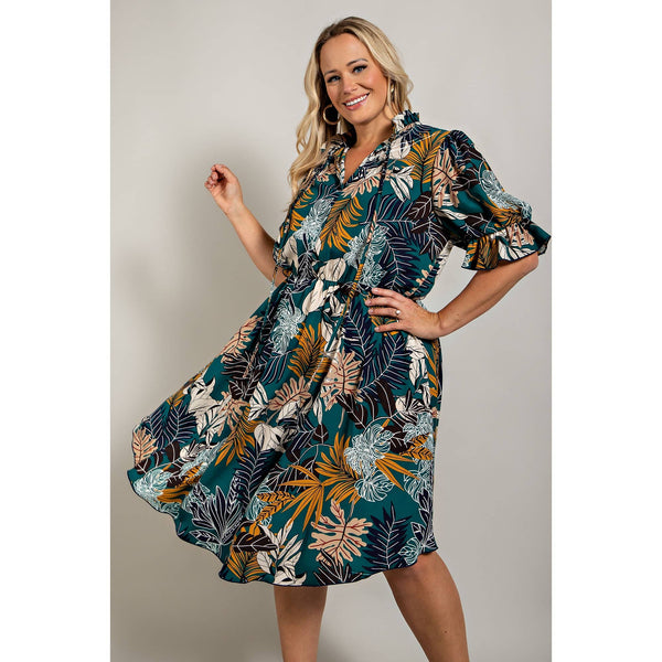 Fit N Flaire Self Tie Ruffle Neck Plus Size Dress
