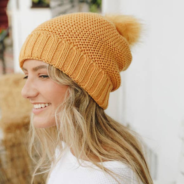 Sherpa Lined Pom Beanie Hat - womens accessories 