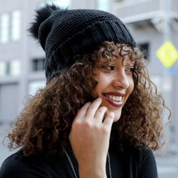 Sherpa Lined Pom Beanie Hat - womens accessories