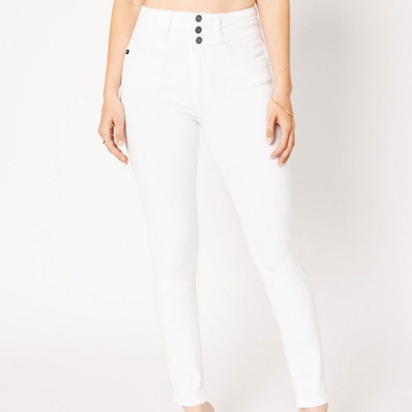 White high rise button-up jeans; womens clothing.