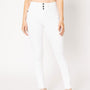 White high rise button-up jeans; womens clothing.