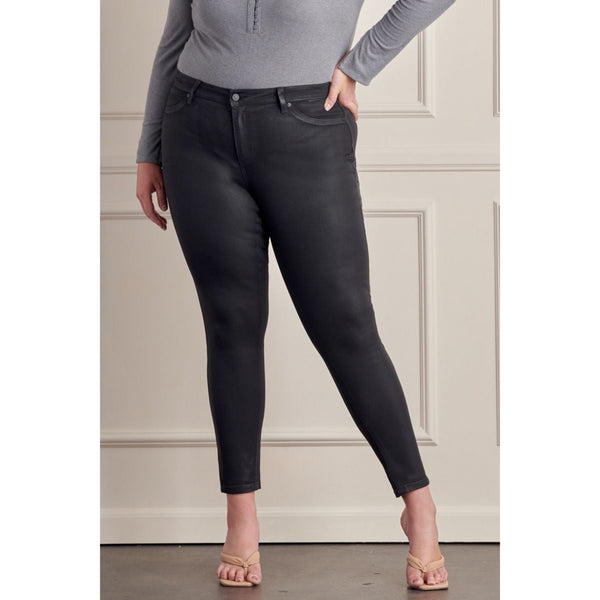 Plus Mid Rise Coated Super Skinny Jeans- Black - SLATE Boutique & Gifts