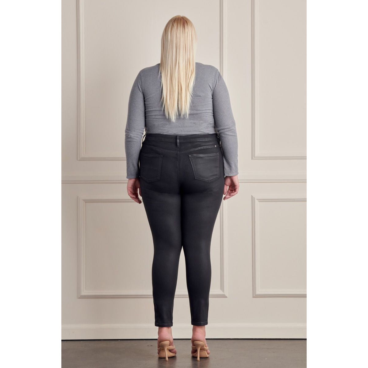 Plus Mid Rise Coated Super Skinny Jeans- Black - SLATE Boutique & Gifts