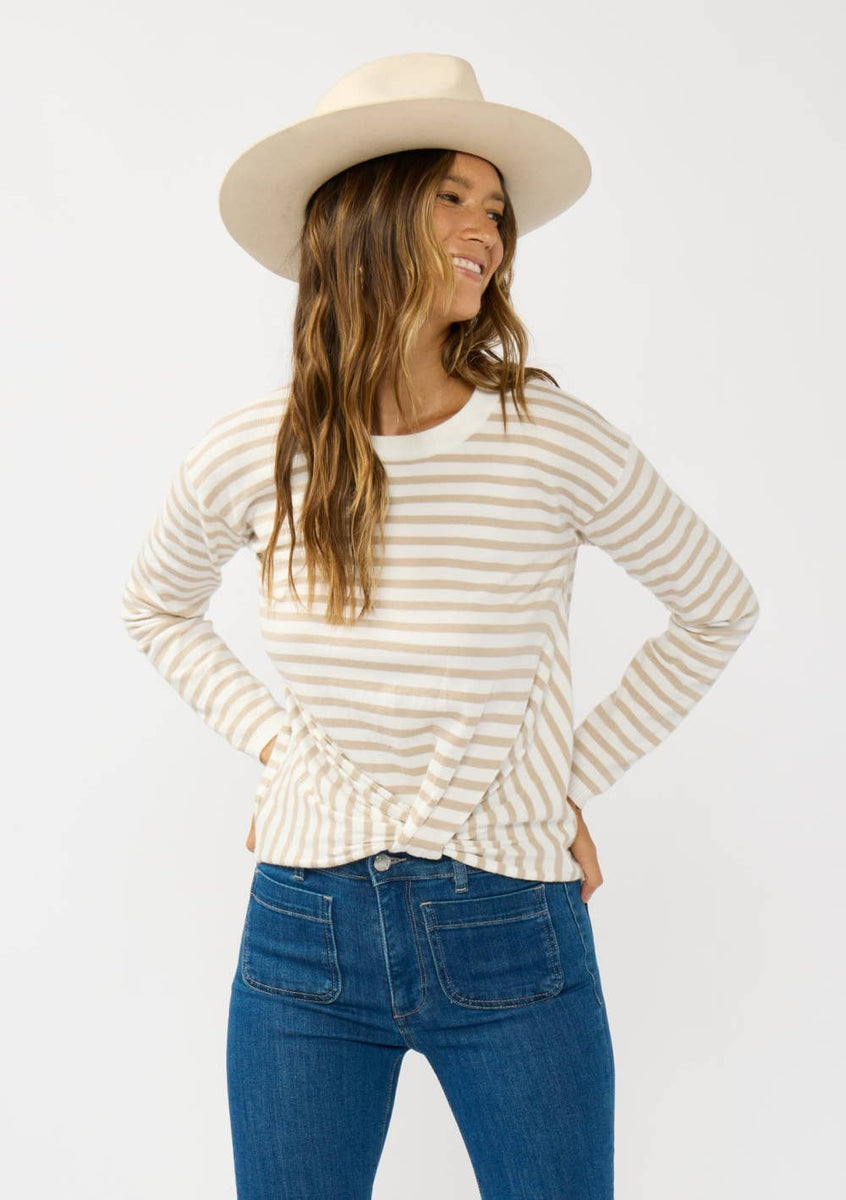 Horizontal Stripe Front Knot Pullover Sweater