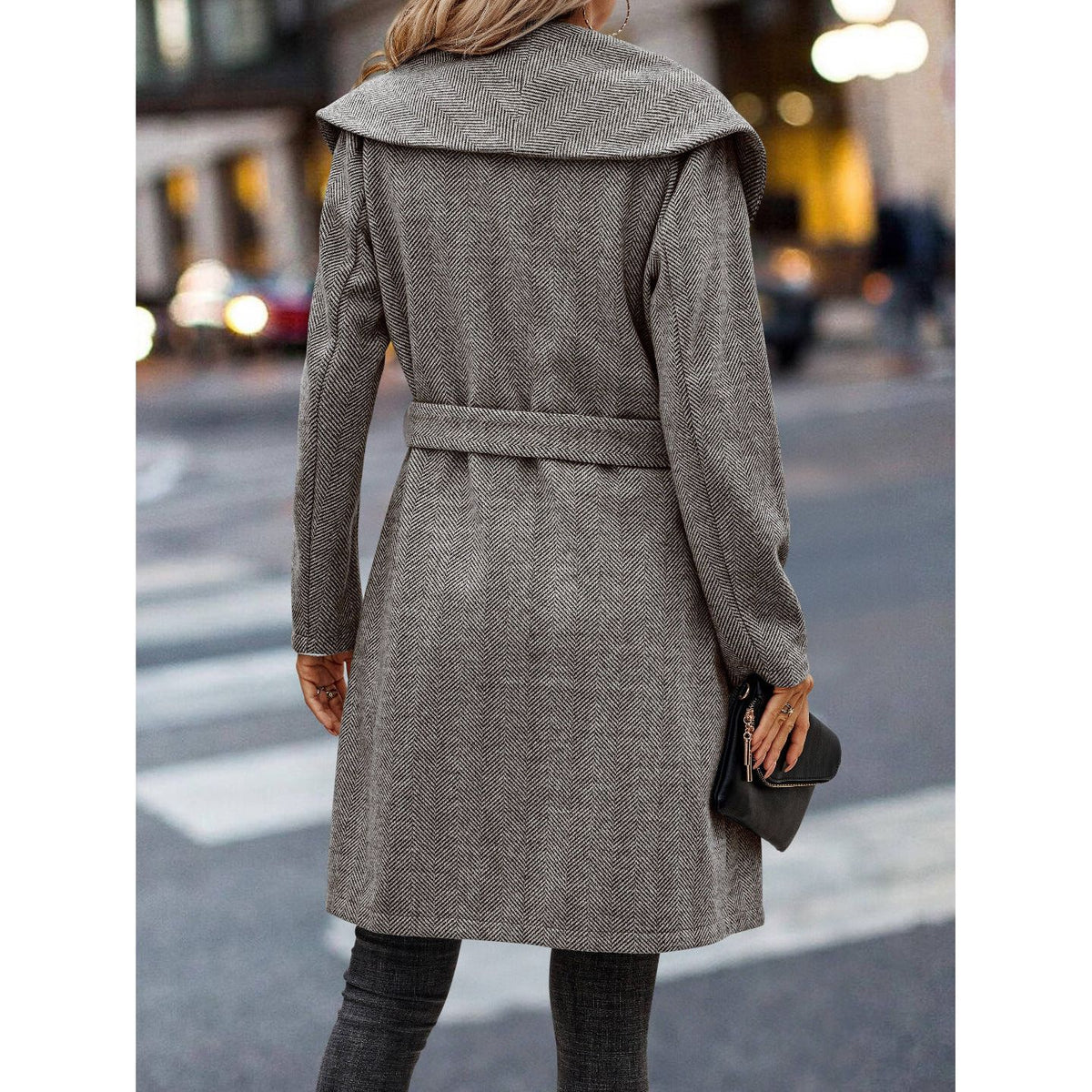 Knee length Herringbone Belted coat; womens coats.