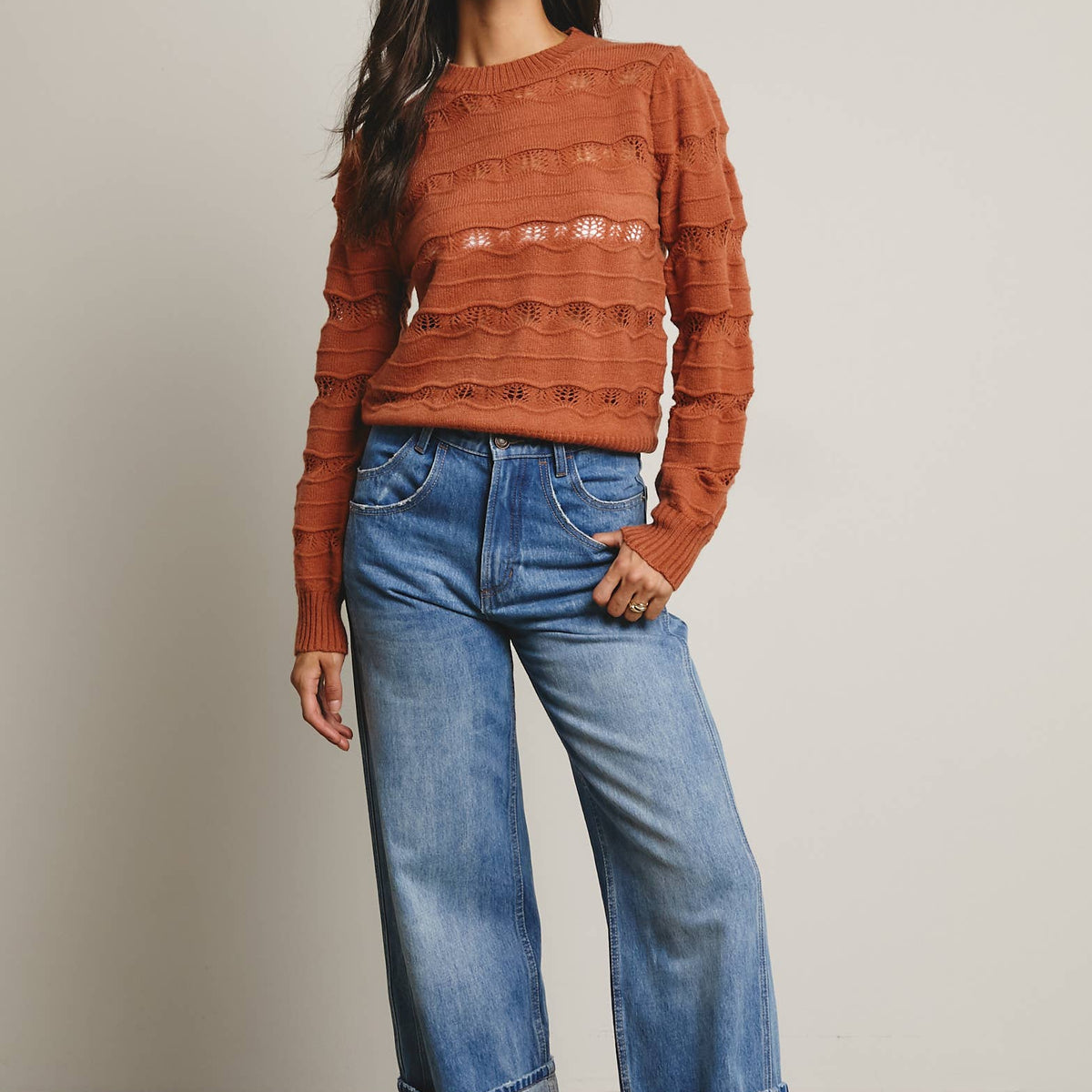 Olivia Pointelle Stripe Knit Pullover
