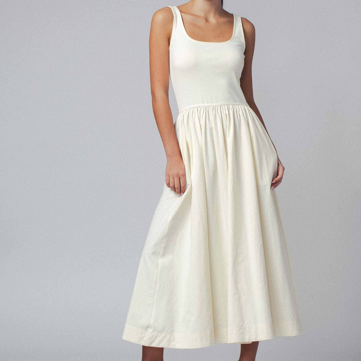 Elegant Square Neck Cotton Blend Gathered Waist Midi Dress