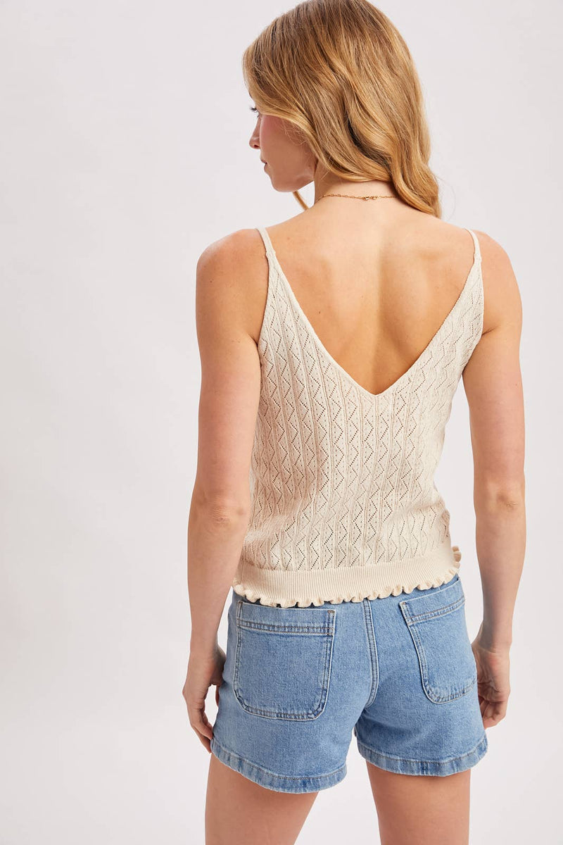 V-Neck Pointelle Knit Ruffled Hem Cami