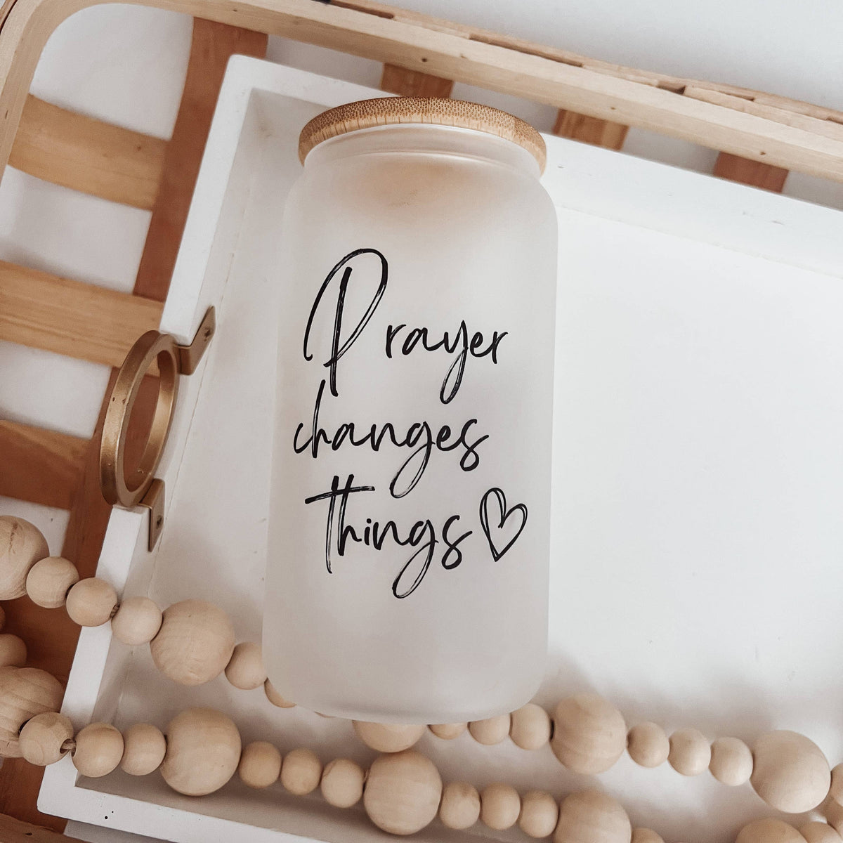 Prayer Changes Things 16oz Glass Cup with Bamboo Lid