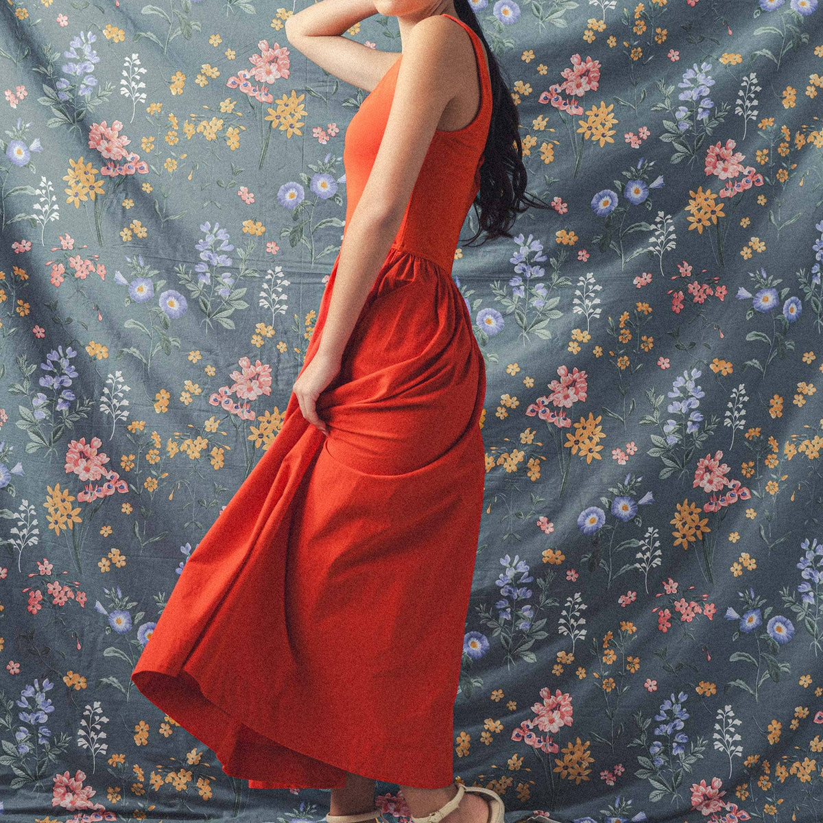 Elegant Square Neck Cotton Blend Gathered Waist Midi Dress