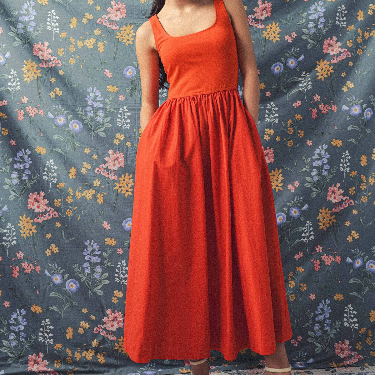 Elegant Square Neck Cotton Blend Gathered Waist Midi Dress