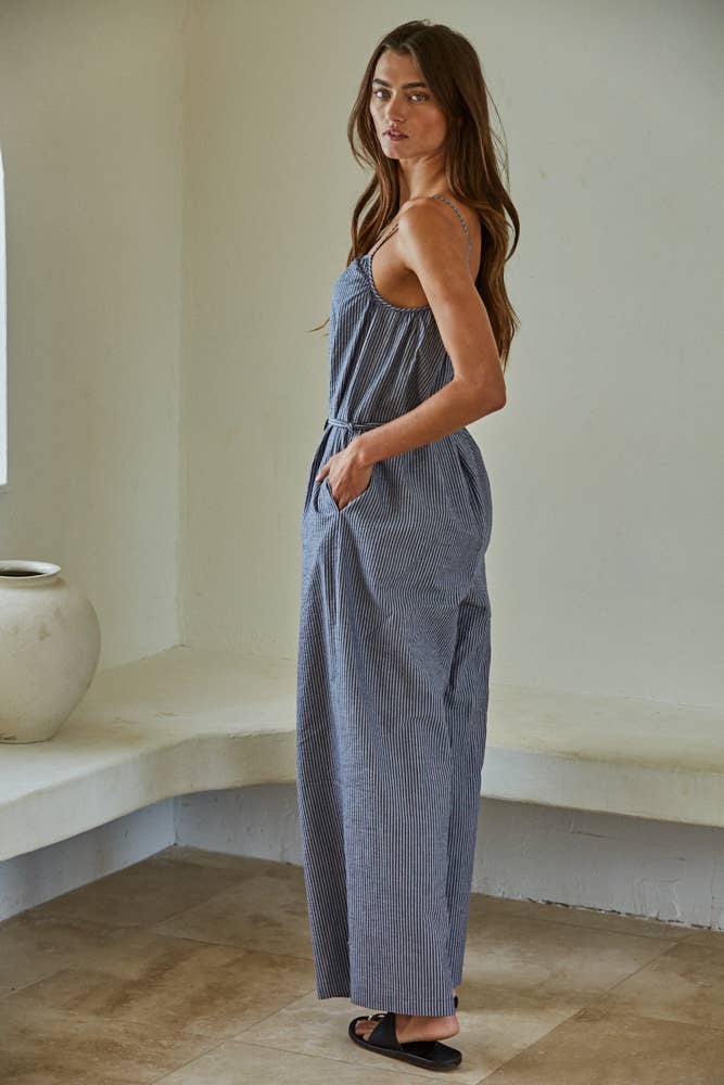 Woven Cotton Striped Square Neck Wide Leg Jumpsuit