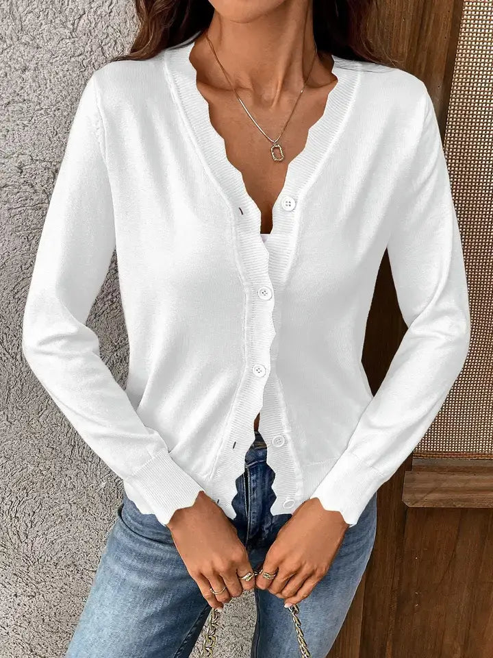 Lightweight Scalloped Edge V-Neck Knit Cardigan