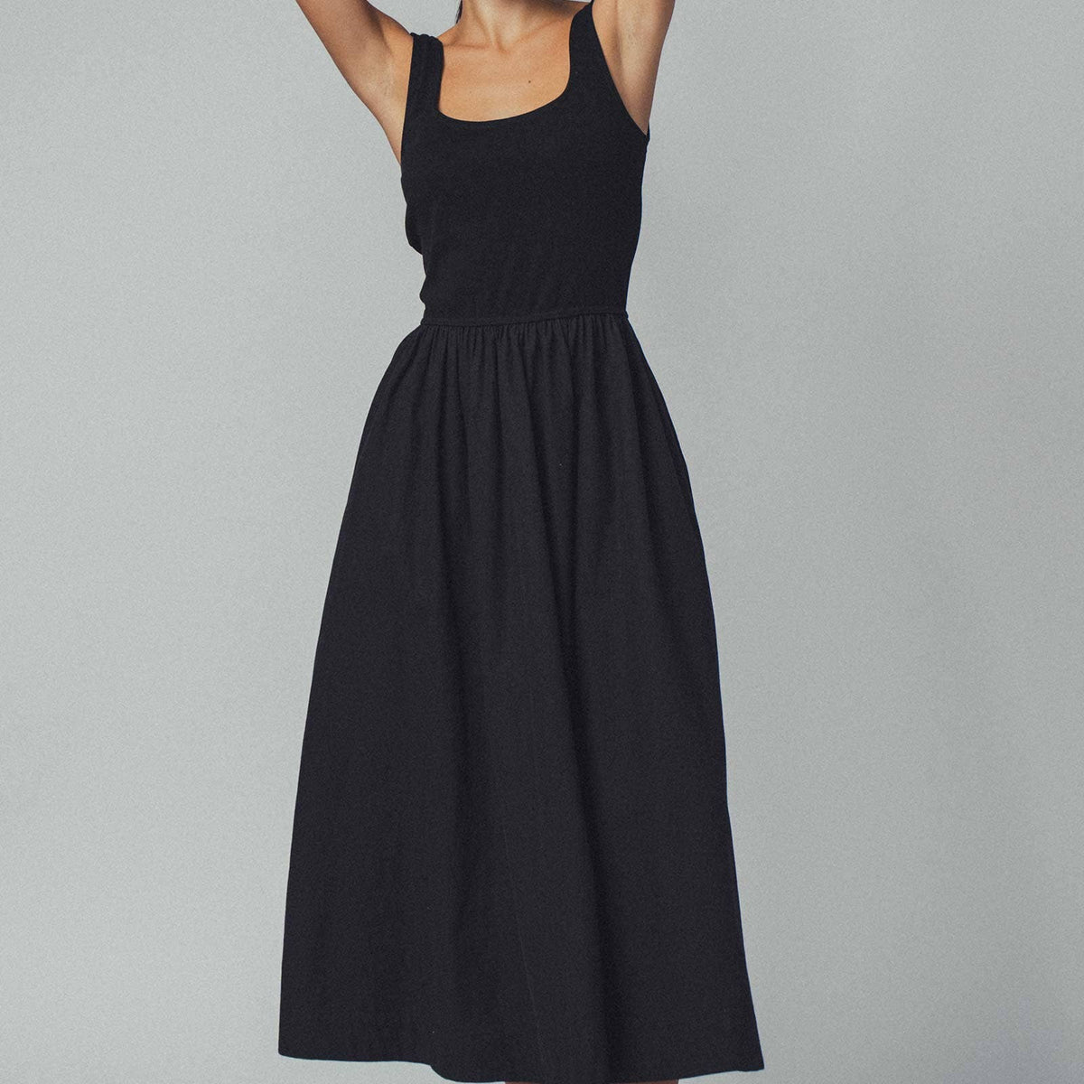 Elegant Square Neck Cotton Blend Gathered Waist Midi Dress