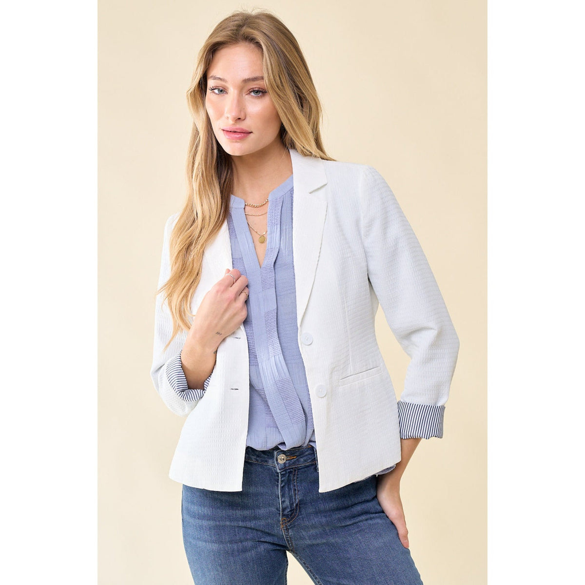 White textured blazer with navy and white stripped cuffs - Women's clothing 