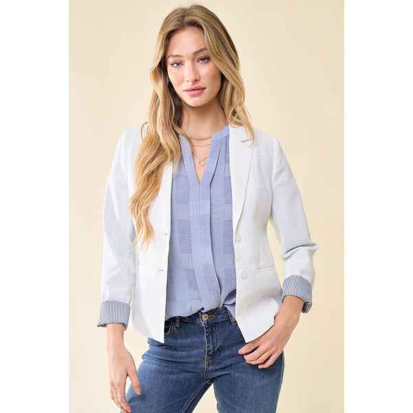 White textured blazer with navy and white stripped cuffs - Women's clothing 