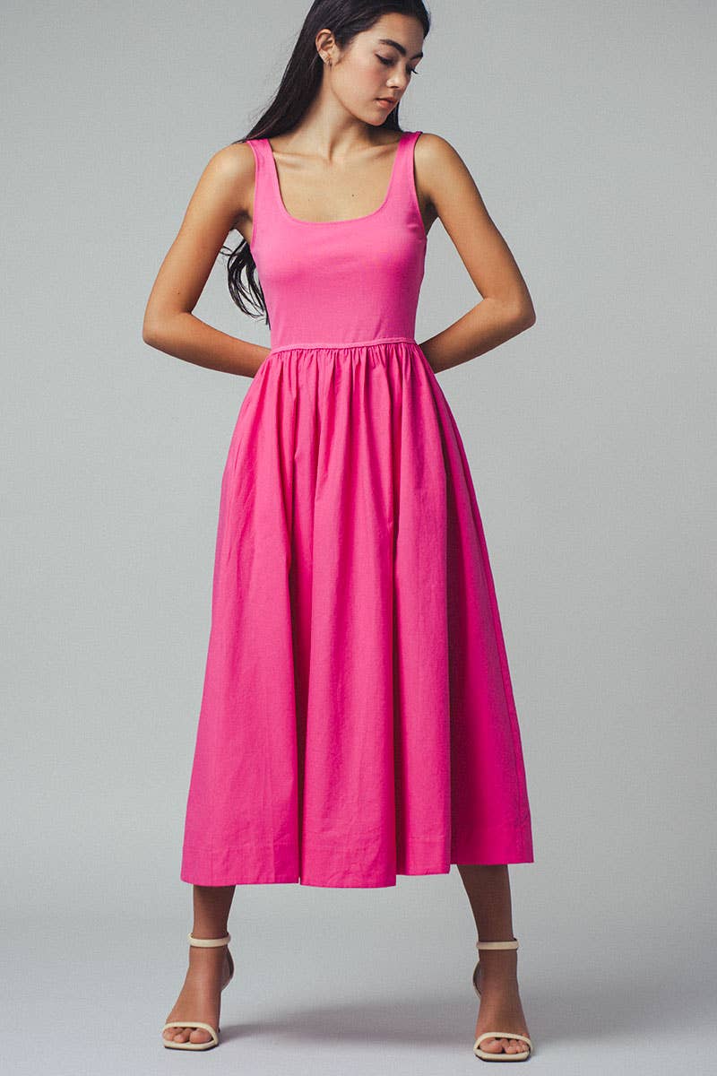 Elegant Square Neck Cotton Blend Gathered Waist Midi Dress
