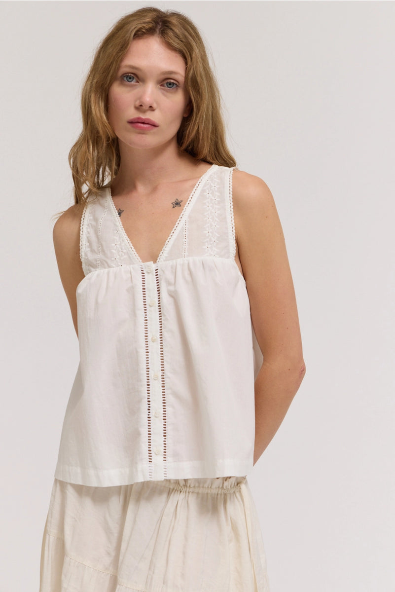 Cotton V-Neck Eyelet Tank