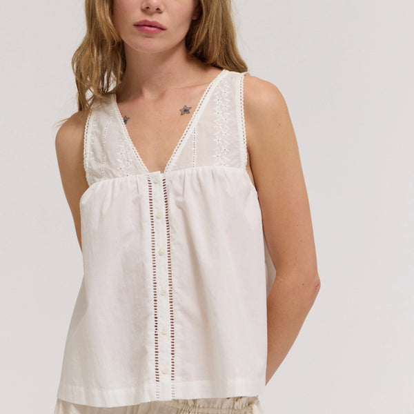 Cotton V-Neck Eyelet Tank