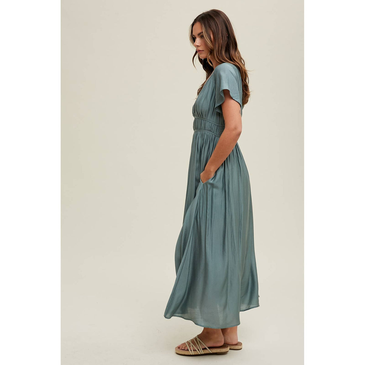 Satin Flutter Sleeve Midi Dress