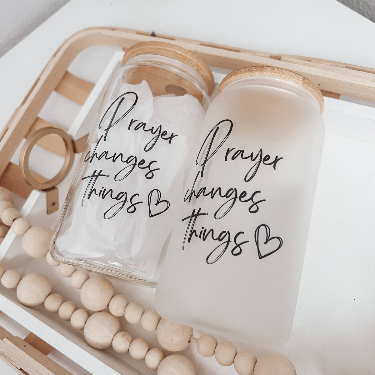 Prayer Changes Things 16oz Glass Cup with Bamboo Lid