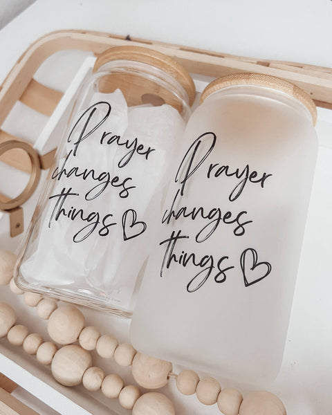 Prayer Changes Things 16oz Glass Cup with Bamboo Lid