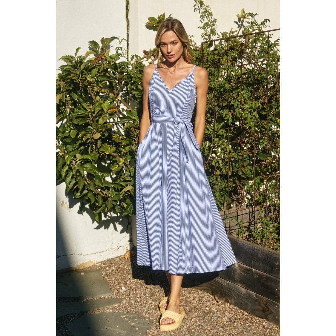 Striped Plunging Fit and Flare Dress