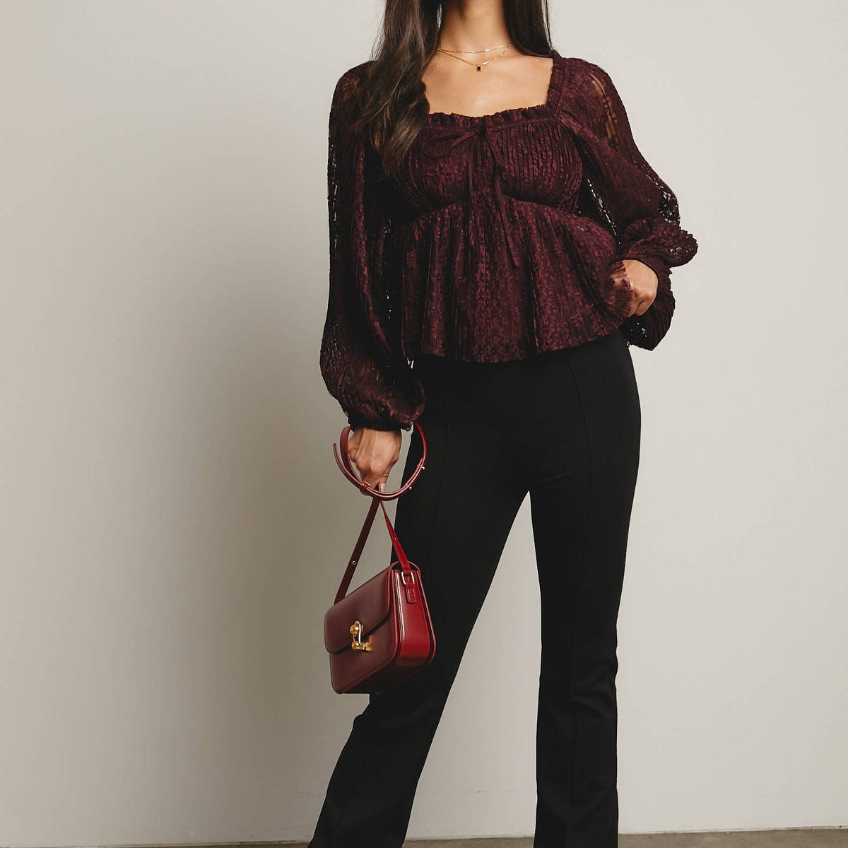 Zoey Pleated Lace Peplum Blouse