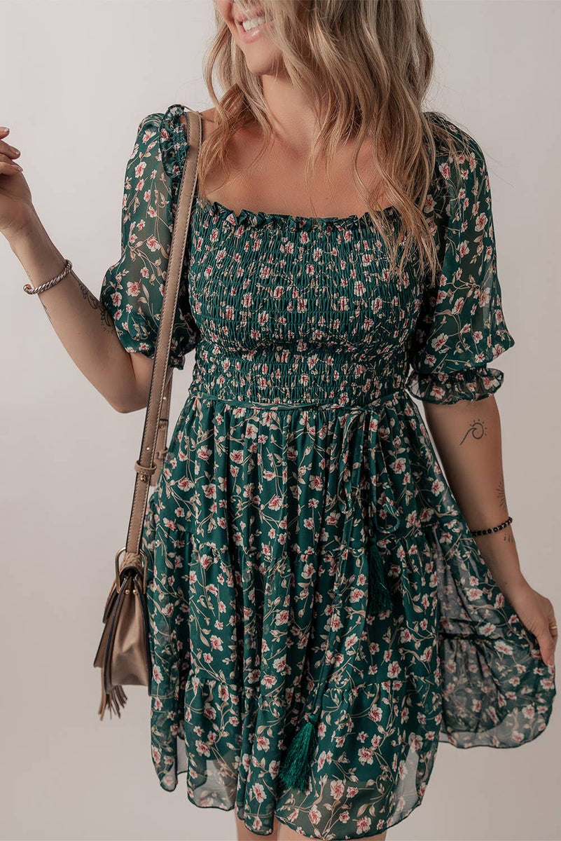 Floral Mesh Overlay Square Neck Ruffle Dress