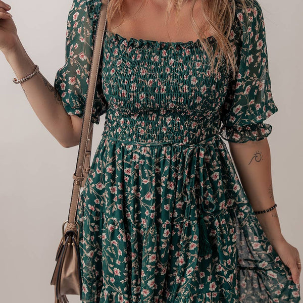 Floral Mesh Overlay Square Neck Ruffle Dress