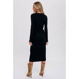 Black wrap sweater dress with slit - womens clothing