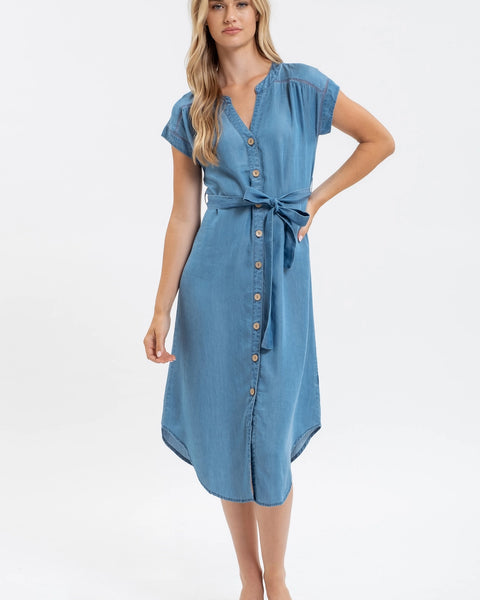 Chambray Button Down Belted Midi Dress