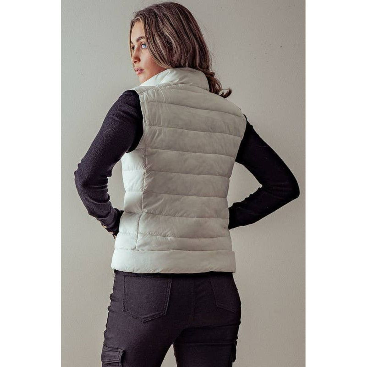 High neck zip up puffer vest; women's apparel