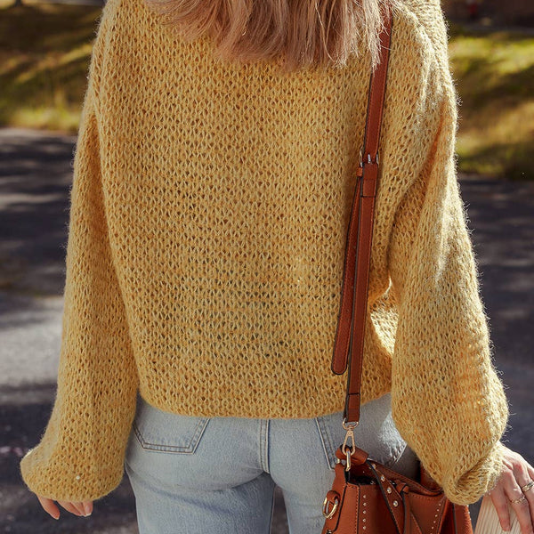 Lantern Sleeve Scallop V Neck Buttoned Front Cardigan