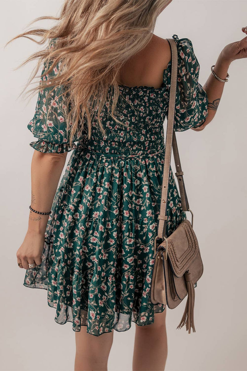 Floral Mesh Overlay Square Neck Ruffle Dress