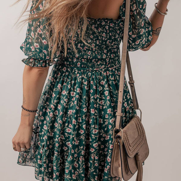 Floral Mesh Overlay Square Neck Ruffle Dress