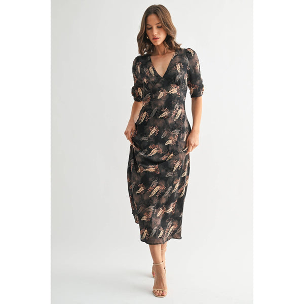 Leaf Print Satin Dress