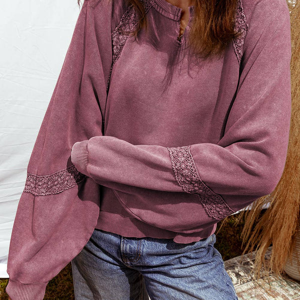 Lace Patchwork Detail Notched Neck Mineral Wash Sweatshirt