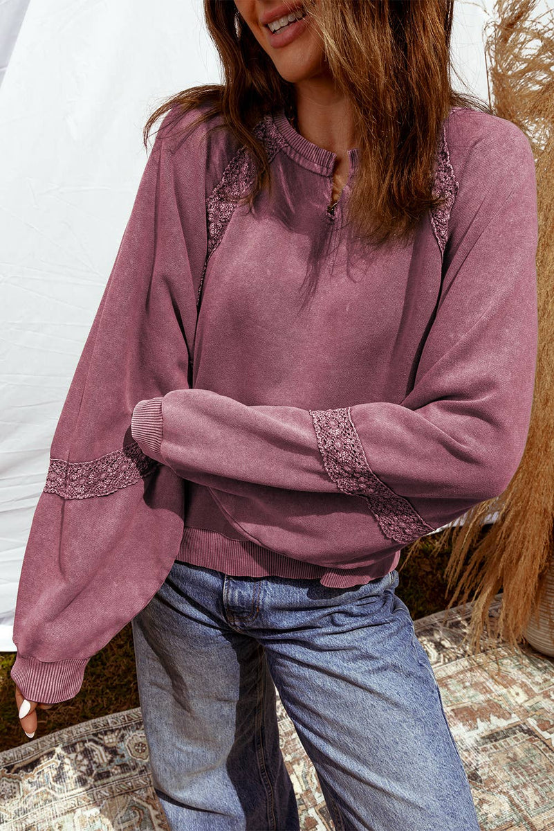 Lace Patchwork Detail Notched Neck Mineral Wash Sweatshirt